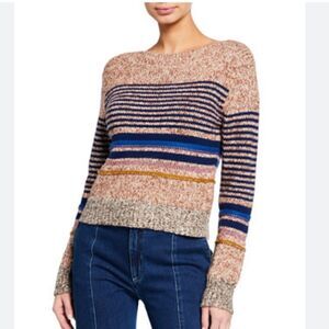 See by Chloe Striped Wool Blend Crew Neck Knit Sweater in Caramel